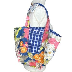 Happy Groovy Designs Reversible Blue White Gingham Floral Open Hobo Bag Purse